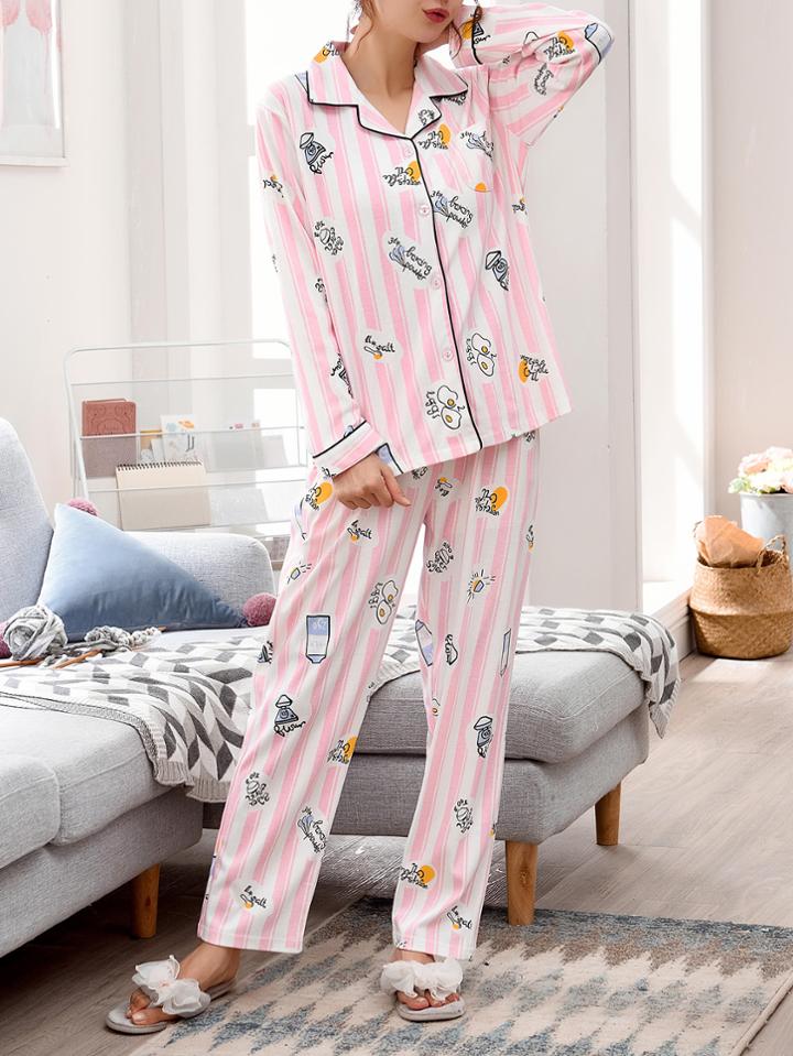 Shein Contrast Binding Stripe Shirt & Pants Pj Set