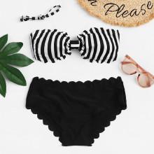 Shein Striped Scalloped Trim Bikini Set
