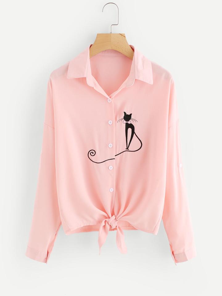 Shein Cat Embroidered Drop Shoulder Knotted Hem Shirt