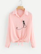 Shein Cat Embroidered Drop Shoulder Knotted Hem Shirt