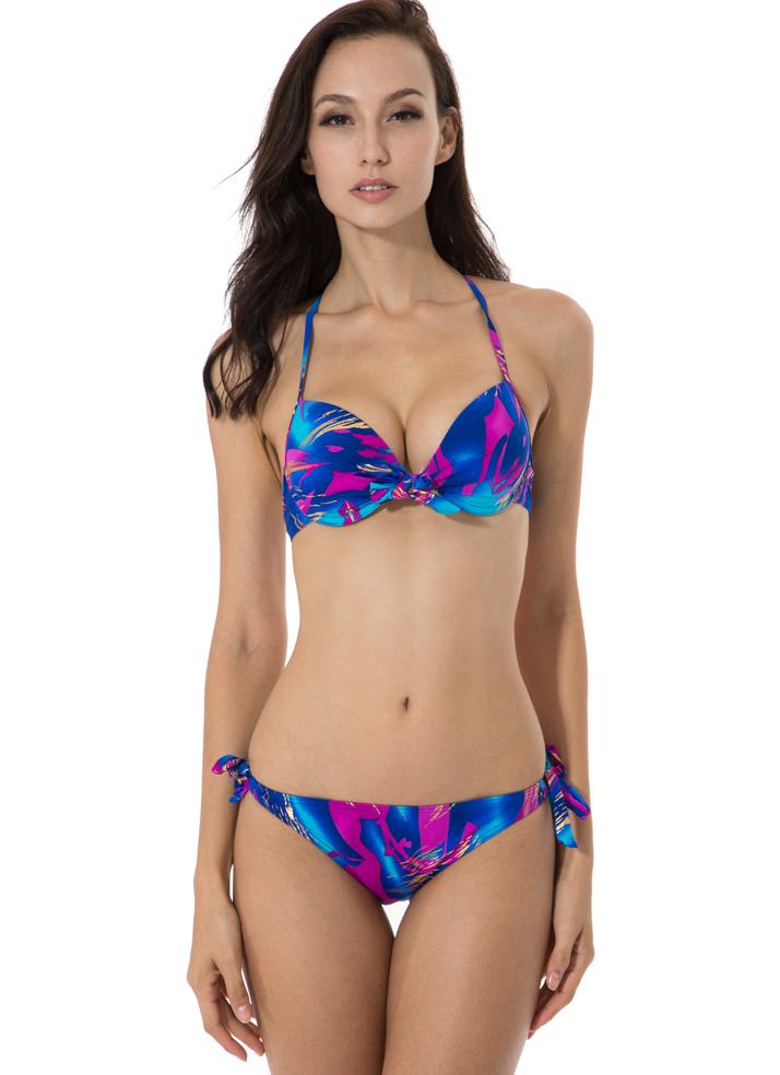 Shein Metallic Abstract Pattern Sweet Front Bow Bikini Swimsuit