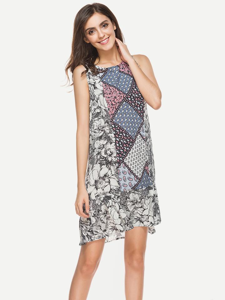 Shein Allover Florals Keyhole Back Frill Hem Dress