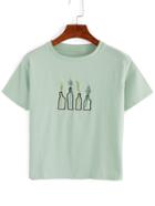 Shein Green Plant Embroidered T-shirt