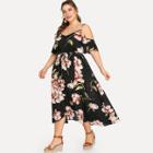 Shein Plus Cold Shoulder Belted Flower Print Dress