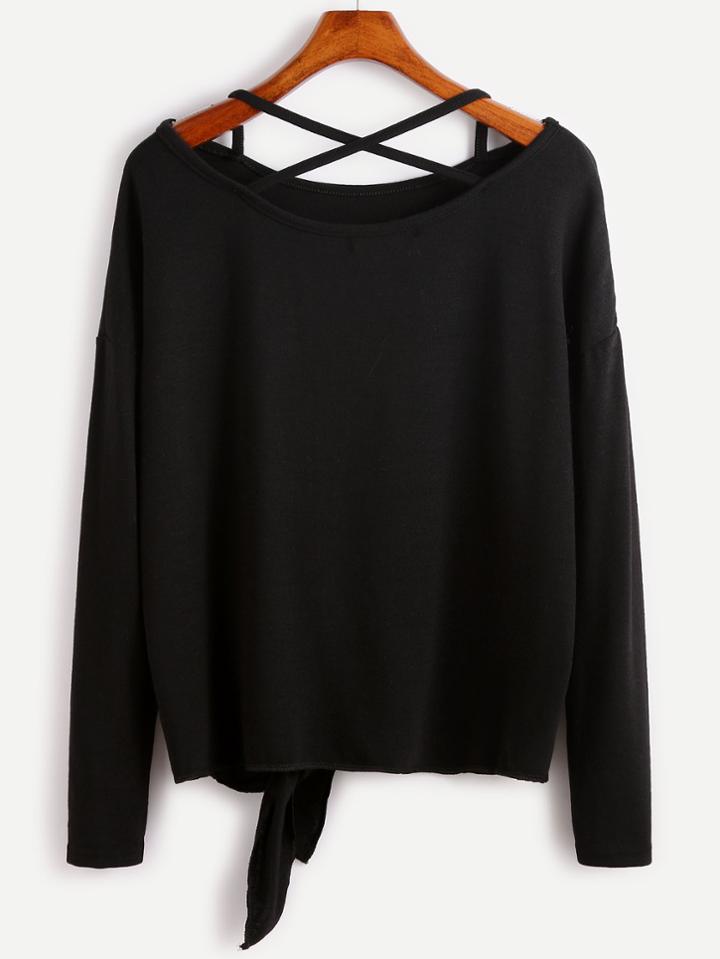 Shein Black Drop Shoulder Criss Cross Tie Front T-shirt