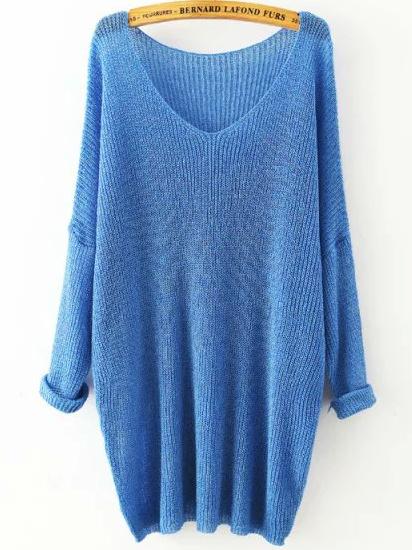 Shein Blue V Neck Long Sleeve Knit Loose Sweater
