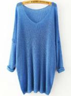 Shein Blue V Neck Long Sleeve Knit Loose Sweater