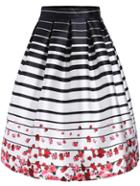 Shein Black White Striped Rose Print Flare Skirt