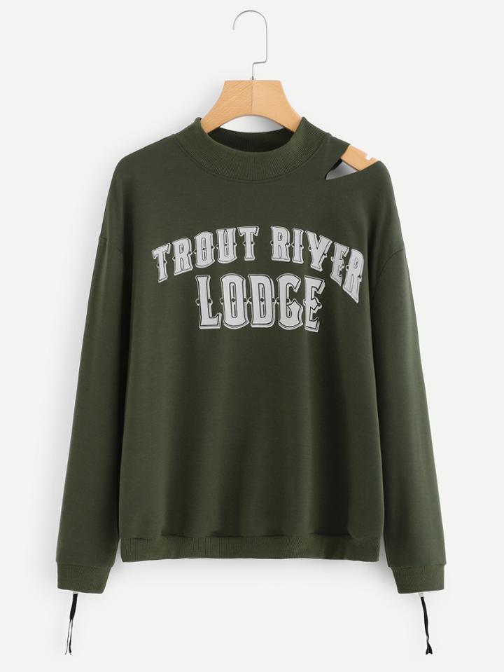 Shein Letter Print Cutout Shoulder Pullover