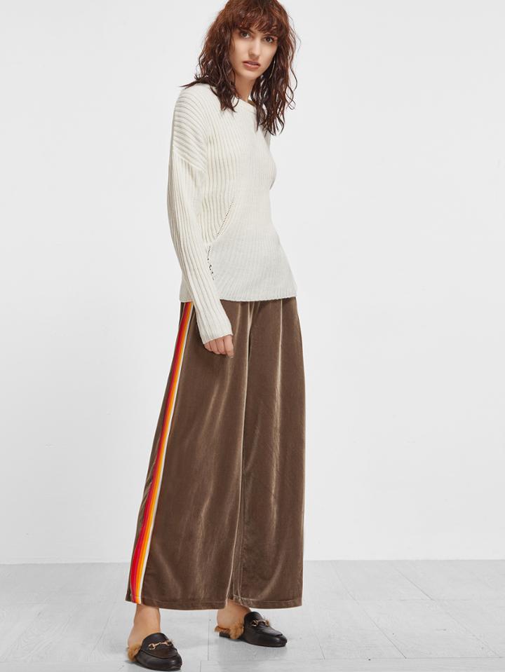Shein Khaki Velvet Striped Side Wide Leg Pants