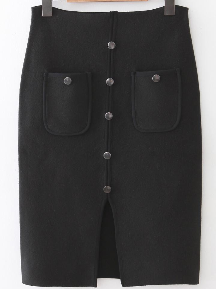 Shein Black Front Pocket Button Up Slit Bodycon Skirt