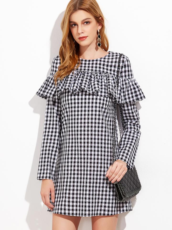 Shein Black And White Gingham Ruffle Dress