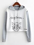 Shein Cat Print Contrast Sleeve Hoodie