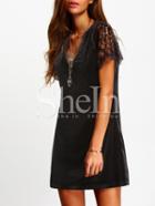 Shein V Neck Contrast Sheer Lace Sleeve A-line Dress