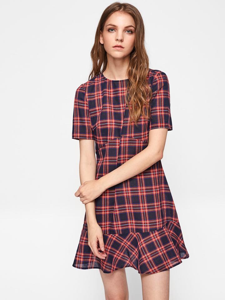 Shein Ruffle Hem Cut And Sew Checkered Dress