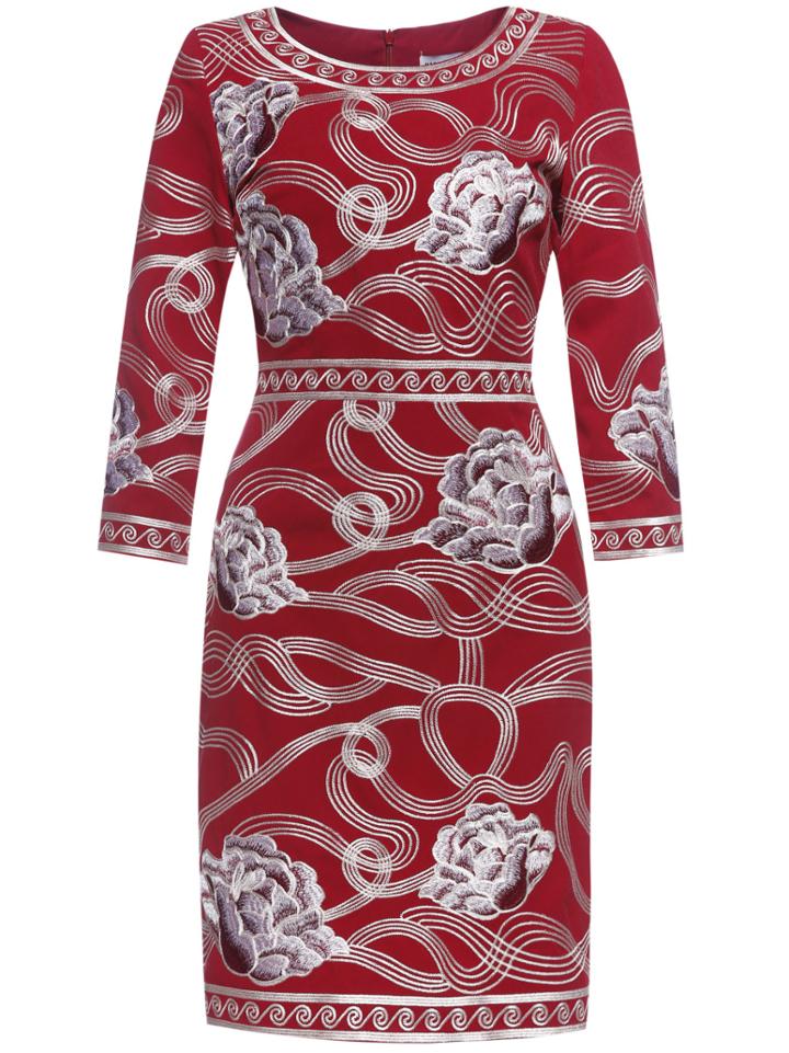 Shein Red Flowers Embroidered Sheath Dress