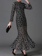 Shein Black Collar Long Sleeve Fishtail Lace Dress