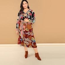 Shein Plus Flower Print Belted Pencil Dress