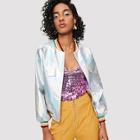 Shein Striped Trim Iridescent Faux Leather Jacket