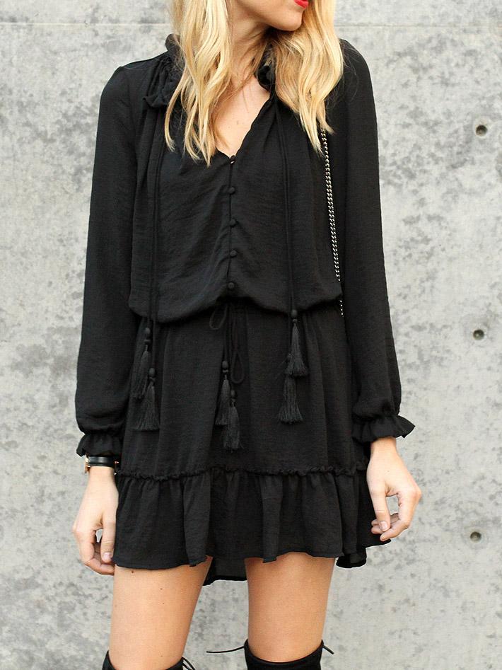 Shein Black Drawstring Ruffle Cuff Flounce Dress