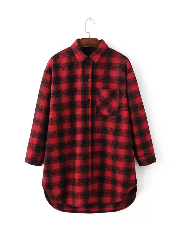 Shein Red Tartan Plaid High Low Blouse