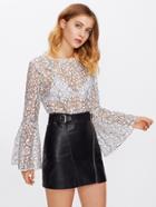 Shein Buttoned Keyhole Back Fluted Sleeve Lace Top