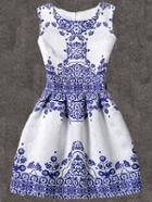 Shein Blue Vintage Pattern Print Fit & Flare Sleeveless Dress