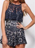 Rosewe Print Design Sleeveless Blue Lace Romper