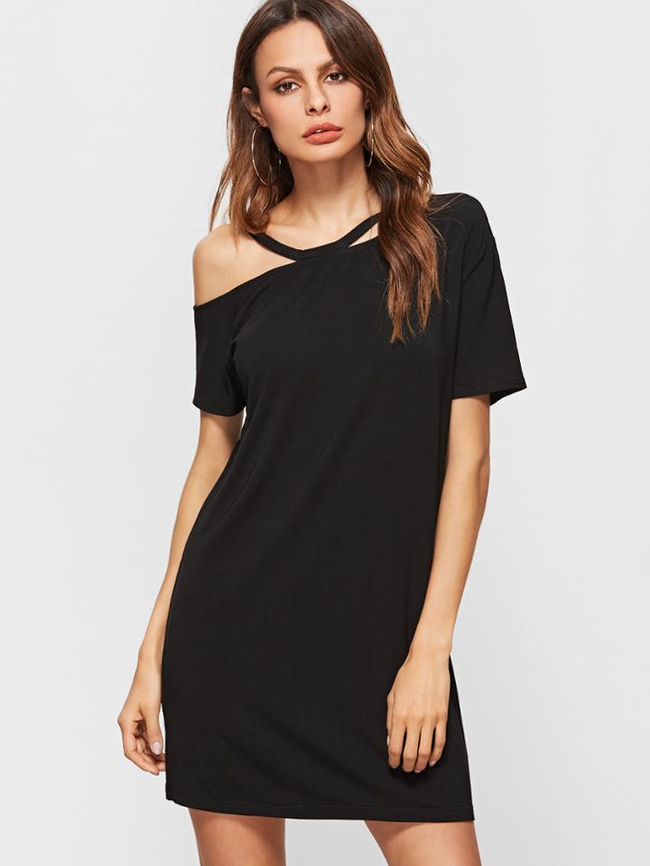 Shein Black Asymmetric Cold Shoulder Short Sleeve Tee Dress
