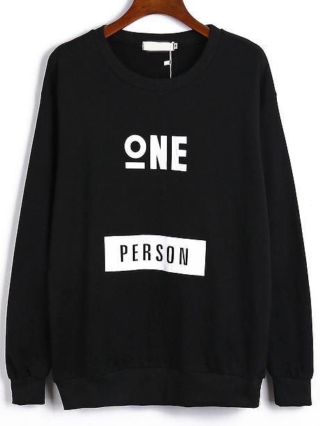 Shein Black Round Neck Letters Print Loose Sweatshirt