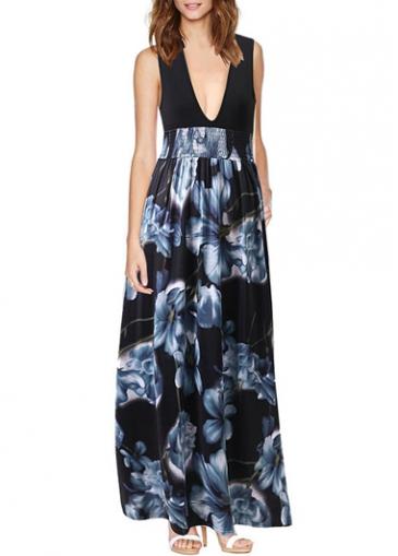 Rosewe V Neck Flower Print High Waist Dress