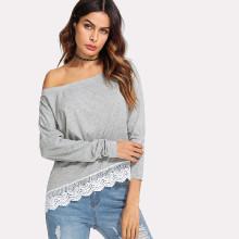 Shein Lace Insert Asymmetrical Shoulder Tee