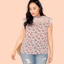 Shein Plus Embroidery Mesh Insert Frilled Neck Blouse