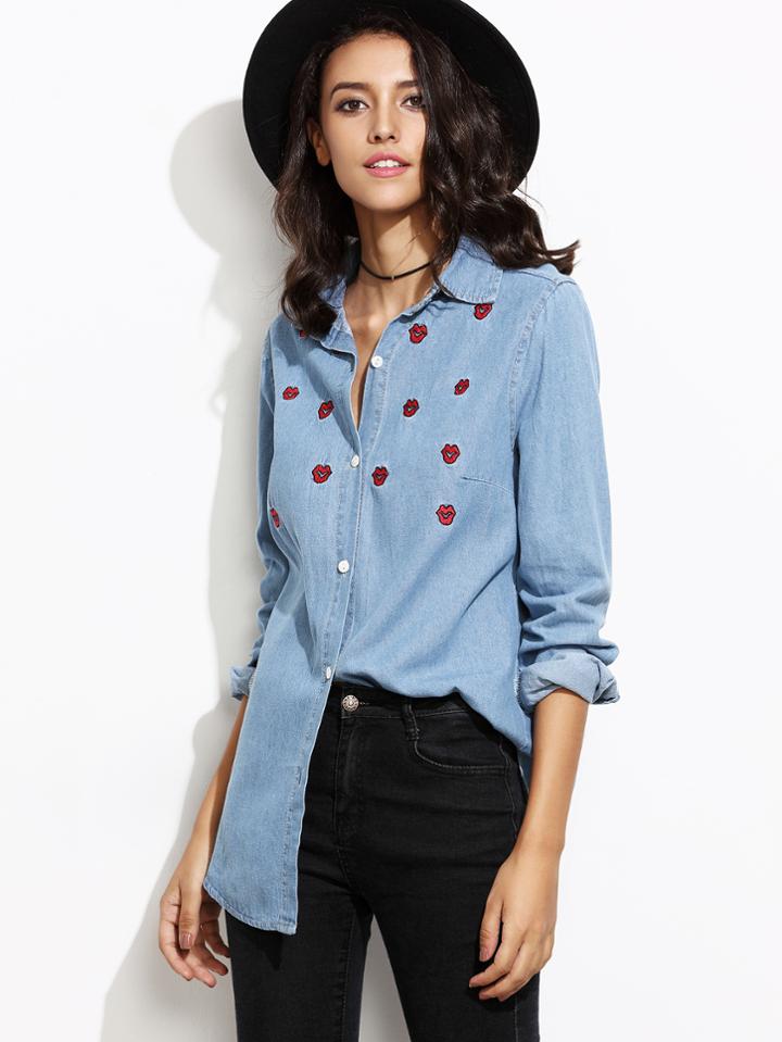 Shein Blue Lips Embroidered Curved Hem Denim Shirt