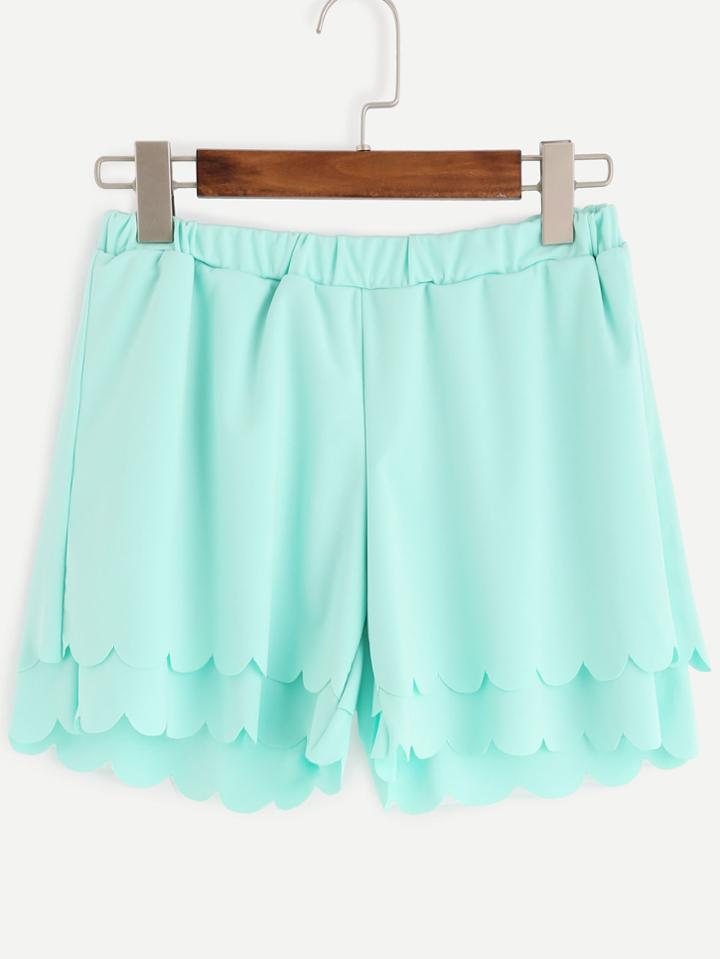 Shein Green Layered Scalloped Elastic Waist Shorts