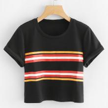 Shein Stripe Print Roll Up Sleeve Crop Tee