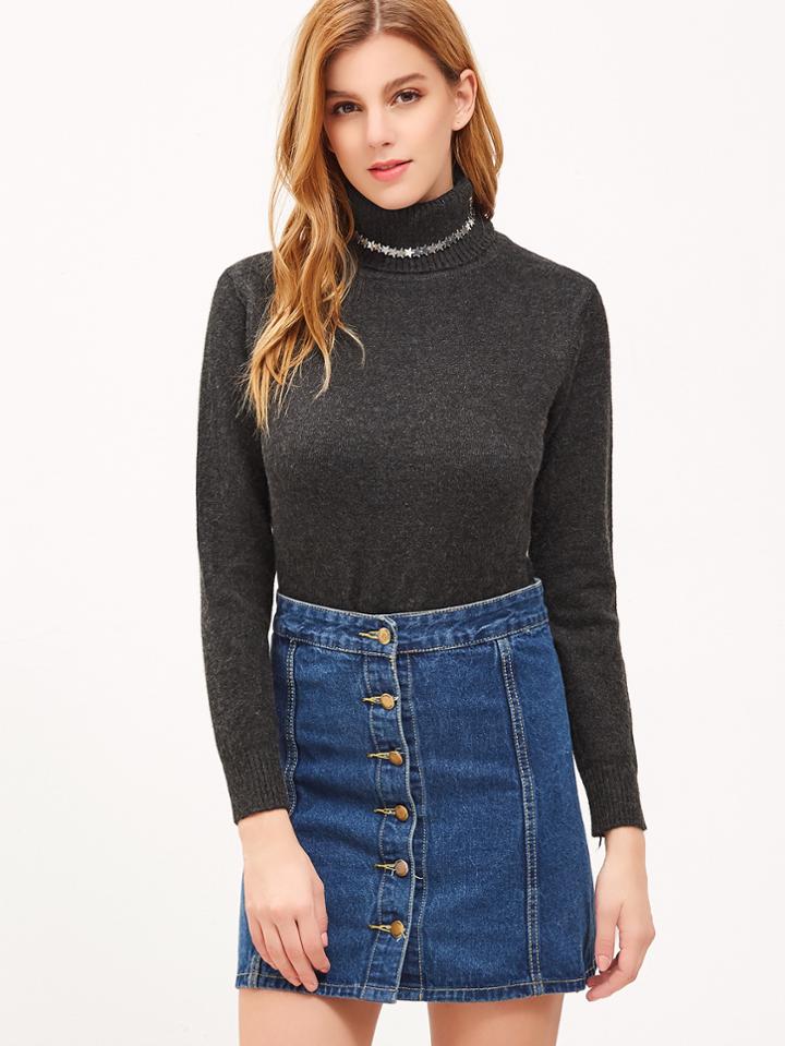 Shein Black Turtleneck Slit Side High Low Fuzzy Sweater