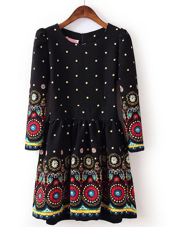 Shein Black Long Sleeve Vintage Floral Pleated Dress