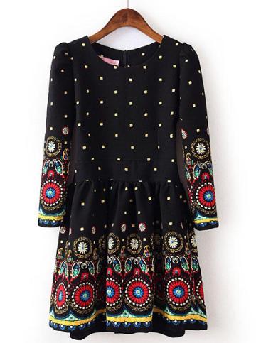 Shein Black Long Sleeve Vintage Floral Pleated Dress