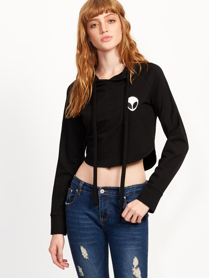 Shein Black Alien Print Curved Hem Crop Hoodie