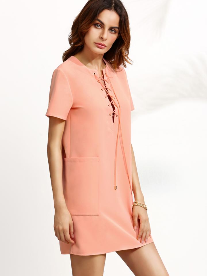 Shein Pink Lace Up Structured Shift Dress With Pockets
