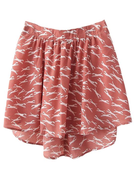 Shein Pink Elastic Waist Irregular Hem Dogs Print Skirt