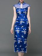 Shein Blue Gauze Embroidered Split Sheath Dress