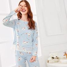 Shein Rabbit Print Lace Trim Pajama Set With Eye Mask