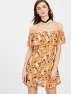 Shein Flounce Layered Neckline Calico Print Button Front Dress