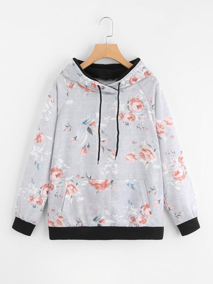 Shein Raglan Sleeve Kangaroo Pocket Front Floral Hoodie