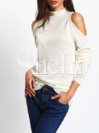 Shein White Cold Shoulder High Neck Sweater