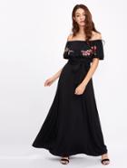 Shein Embroidered Flower Patch Self Tie Frill Bardot Dress