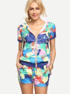 Shein Colorful Print Zip Front Hoodie With Shorts