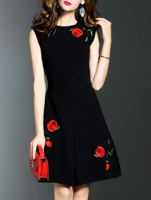 Shein Rose Embroidered High-waisted Dress